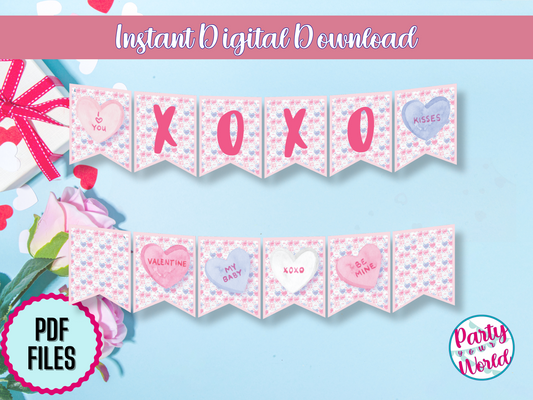 A full preview of the candy heart-themed Valentine’s Day banner, including several flags with phrases like “Be Mine” and “My Baby,” as well as blank flags for customization. The design features pastel hearts with a white background and colorful accents. A PDF files label and the Party Your World logo are displayed.