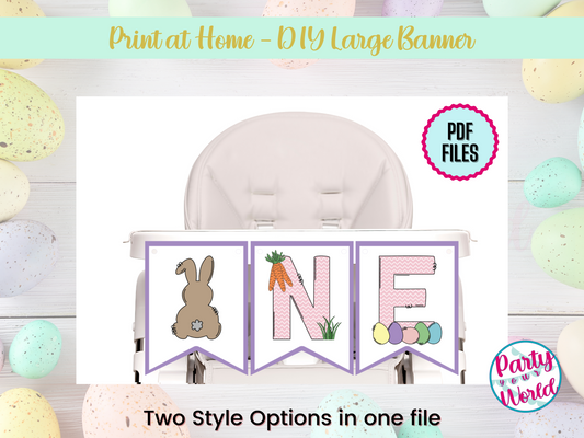 Printable Easter “ONE” High Chair Banner – Bunny or Chick Option – Pink First Birthday Party Decor – DIY PDF Banner