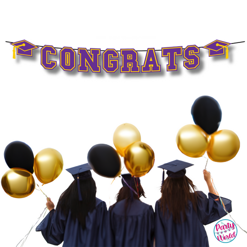 CONGRATS Varsity Graduation Banner - Purple & Yellow