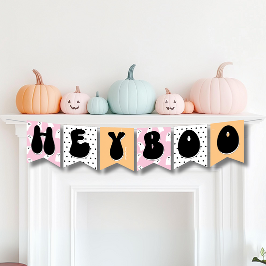 A vibrant Halloween banner featuring "HEY BOO" with cute ghost designs on pink and orange flags, perfect for festive decor.