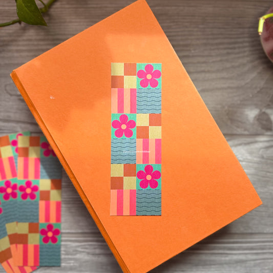 Bold Checkered Bookmark – Colorful Geometric Design with Stripes, Florals & Abstract Shapes for Modern Readers
