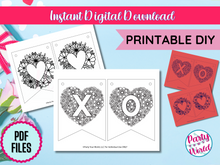 Load image into Gallery viewer, Valentine's Day printable DIY banner with intricate heart designs, featuring black ink floral patterns on a white background. Includes 'X' and 'O' designs for instant digital download.