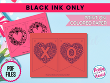 Load image into Gallery viewer, Black ink-only Valentine’s Day banner printable. Designed for use with colored paper, featuring heart-shaped floral patterns and 'X' and 'O' letters.