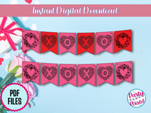 Load image into Gallery viewer, Black ink-only printable Valentine’s Day decor showcasing intricate floral hearts and 'X' and 'O' designs, ideal for printing on colored paper.