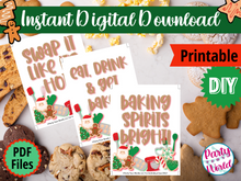 Load image into Gallery viewer, Cookie Swap Printable Sign Set (3), "Eat, Drink & Get Baked", "Swap it Like it's Hot", "Baking Spirits Bright" Instant Download Christmas Decorations