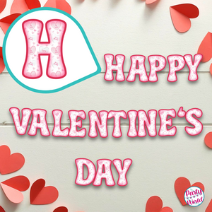 Happy Valentine's Day paper banner with watercolor pink and white conversation heart pattern letters by Party Your World