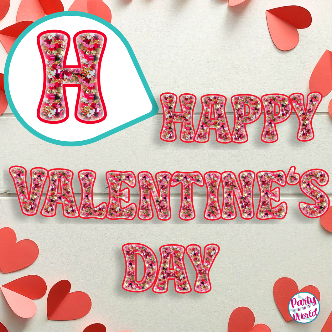 Happy Valentine's Day paper banner with red and gold faux glitter letters, spreading love and joy.