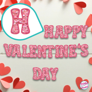 Happy Valentine's Day paper banner with faux pink heart glitter letters, spreading love and joy.