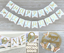 Load image into Gallery viewer, Butterfly 1st Birthday Party Pack, High Chair Banner, First Birthday Photo Banner, Cake Topper &amp; Confetti
