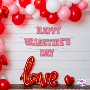 Happy Valentine's Day paper banner with faux pink heart glitter letters, spreading love and joy.