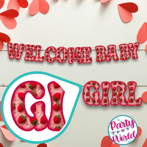 Welcome baby girl banner with strawberries and hearts, perfect for celebrating the arrival of a precious little one.