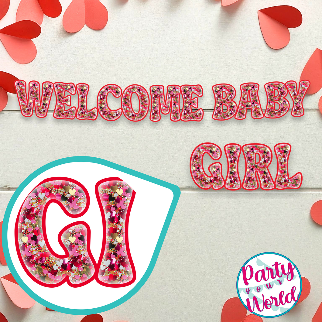 Valentine's Day Welcome Baby Girl Banner - Faux Red & Gold Heart Glitter