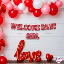 Load image into Gallery viewer, Welcome baby girl banner with strawberries and hearts, perfect for celebrating the arrival of a precious little one.