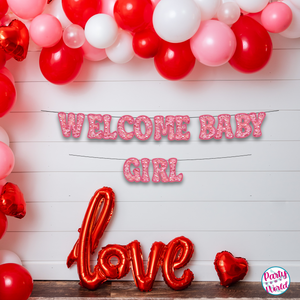 Valentine's Day Welcome Baby Girl Banner - Faux Red & Gold Heart Glitter