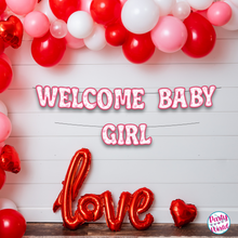 Load image into Gallery viewer, Welcome baby girl banner with pink and white decorations, perfect for celebrating the arrival of a precious little girl.