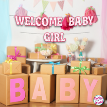 Load image into Gallery viewer, Welcome baby girl banner with pink and white decorations, perfect for celebrating the arrival of a precious little girl.