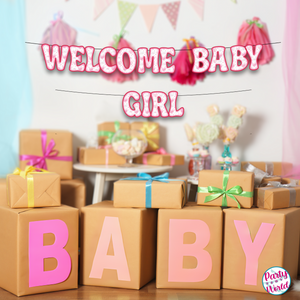 Welcome baby girl banner with pink and white decorations, perfect for celebrating the arrival of a precious little girl.