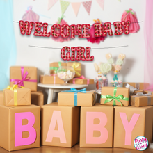 Load image into Gallery viewer, Welcome baby girl banner with strawberries and hearts, perfect for celebrating the arrival of a precious little one.