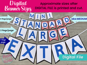 Example of digital banner sizes labeled 'Mini,' 'Standard,' 'Large,' and 'Extra,' showing the approximate flag sizes after printing and cutting. The 'Mini' size includes 4 flags per page, 'Standard' includes 2 flags per page, 'Large' includes 1 flag per page, and 'Extra' has oversized flags. Each flag displays bold blue letters on a white background with a wood surface underneath