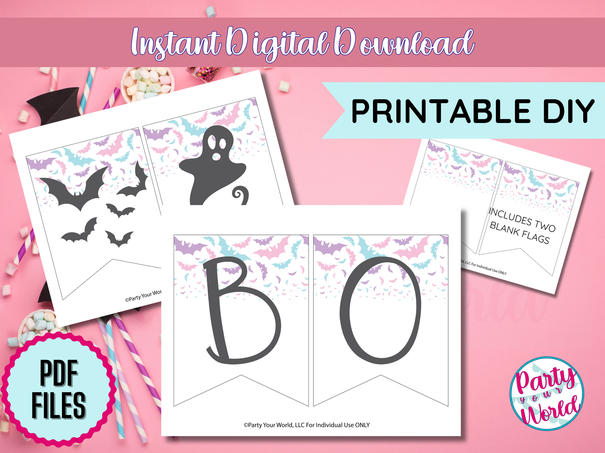 "Boo Eek Aah" digital Banner Featuring pastel bats on a crisp white flag