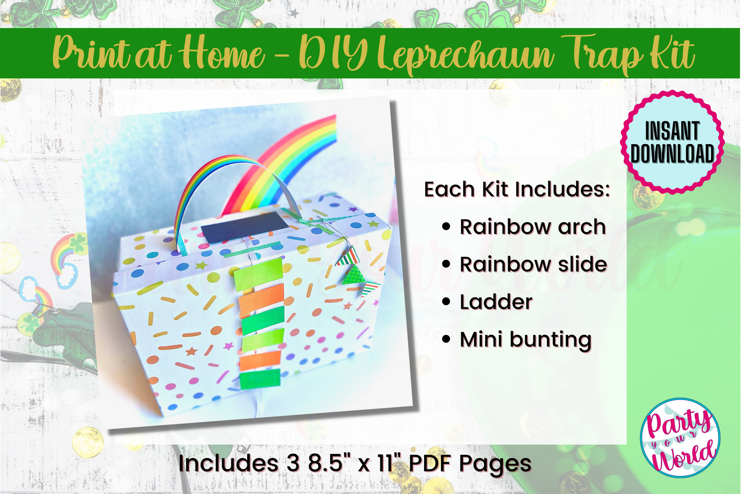 Full DIY Printable Leprechaun Trap Kit (3 pages), St. Patrick's Day Kids' Craft - Pink, Green Rainbow
