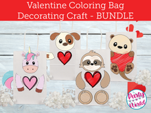 Load image into Gallery viewer, Printable Coloring Page Unicorn, Sloth, Puppy, and Otter Valentine&#39;s Day Mailbox/Bag Decorating Set