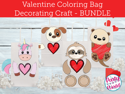 Printable Coloring Page Unicorn, Sloth, Puppy, and Otter Valentine's Day Mailbox/Bag Decorating Set