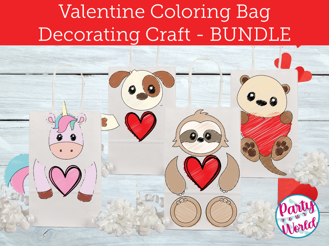 Printable Coloring Page Unicorn, Sloth, Puppy, and Otter Valentine's Day Mailbox/Bag Decorating Set