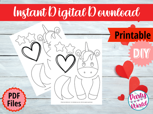 Printable Coloring Page Unicorn Valentine's Day Mailbox/Bag Decorating Set