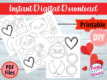 Load image into Gallery viewer, Printable Coloring Page Unicorn, Sloth, Puppy, and Otter Valentine&#39;s Day Mailbox/Bag Decorating Set