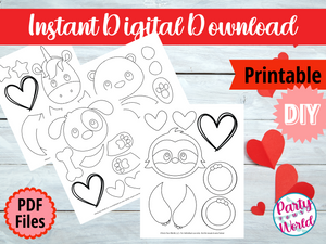 Printable Coloring Page Unicorn, Sloth, Puppy, and Otter Valentine's Day Mailbox/Bag Decorating Set