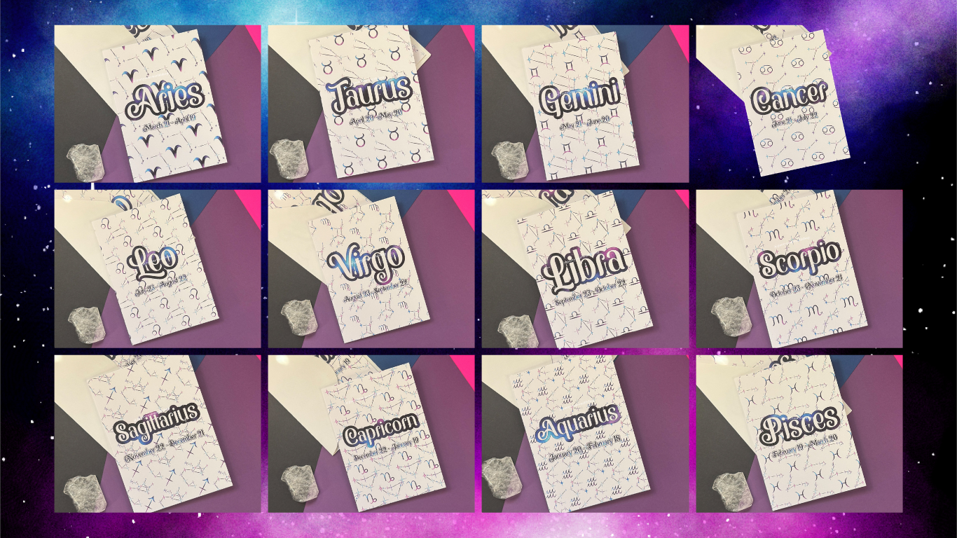A collage of twelve zodiac-themed t-shirt mockups arranged in a 3x4 grid. Each shirt features a different zodiac sign (such as Aries, Leo, Libra, etc.