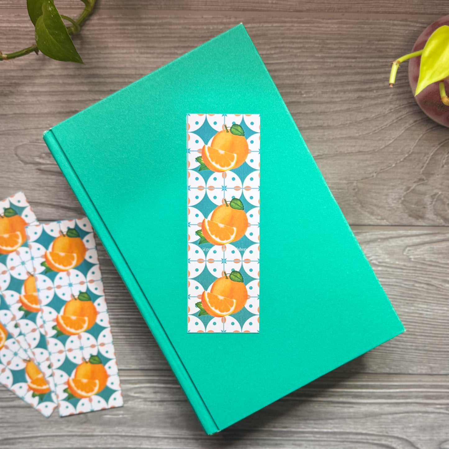 Amalfi Orange Bookmark – Watercolor Citrus on Teal Tile Pattern, Illustrated Bookmark for Summer Reading or Gifts