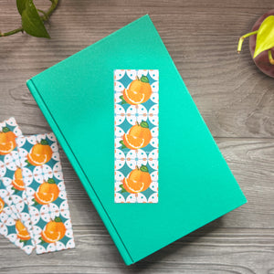 Amalfi Orange Bookmark – Watercolor Citrus on Teal Tile Pattern, Illustrated Bookmark for Summer Reading or Gifts
