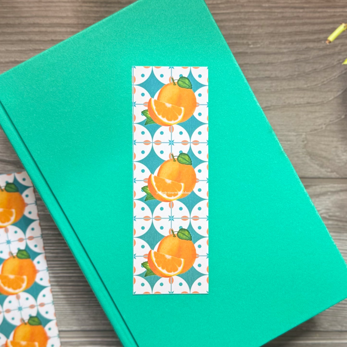 Amalfi Orange Bookmark – Watercolor Citrus on Teal Tile Pattern, Illustrated Bookmark for Summer Reading or Gifts