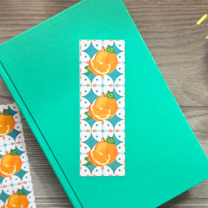 Amalfi Orange Bookmark – Watercolor Citrus on Teal Tile Pattern, Illustrated Bookmark for Summer Reading or Gifts