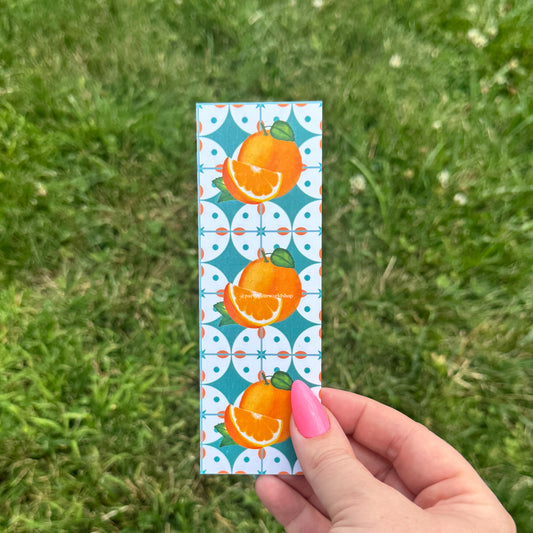 Amalfi Orange Bookmark – Watercolor Citrus on Teal Tile Pattern, Illustrated Bookmark for Summer Reading or Gifts