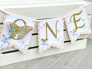 Butterfly 1st Birthday Party Pack, High Chair Banner, First Birthday Photo Banner, Cake Topper & Confetti