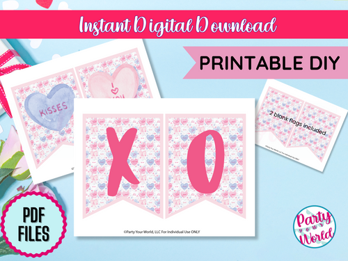  A product display showing a printable Valentine’s Day banner design with a candy heart theme. The banner includes two flags per page, featuring pastel pink and blue hearts with phrases like “Kisses” and “I ♥ You.” A PDF download label and the Party Your World logo are visible on the image.