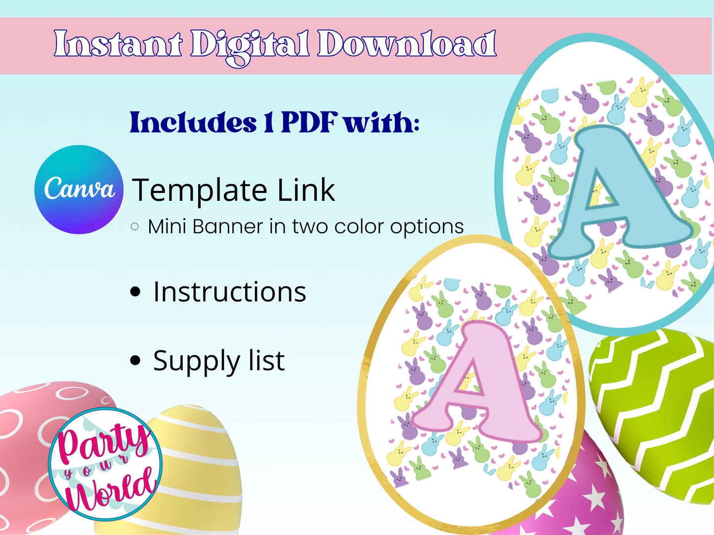 Editable Easter mini banner template overview. Canva logo with details of what's included: template link in two color options, instructions, and supply list.