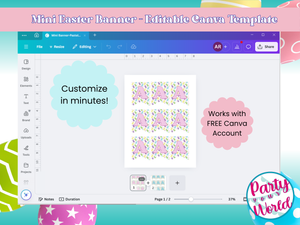 Screenshot of the Easter mini banner open in Canva editor. Text bubbles say “Customize in minutes” and “Works with FREE Canva account.”