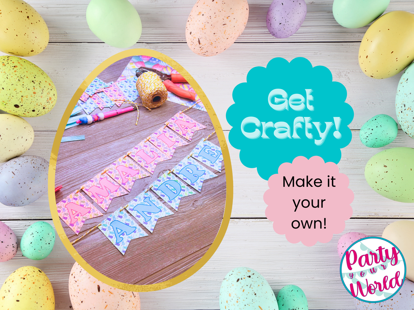 Close-up of printed Easter mini banner with names “Amalia” and “Andre,” laid out on a wooden surface with scissors, string, and pastel eggs.
