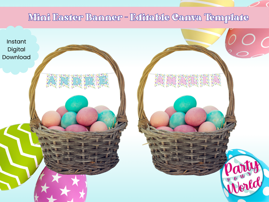 Two Easter baskets filled with colorful eggs and topped with customized mini banners reading “Andre” and “Amalia.” Digital download promo text included.