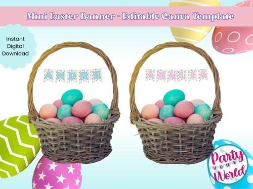 Two Easter baskets filled with colorful eggs and topped with customized mini banners reading “Andre” and “Amalia.” Digital download promo text included.