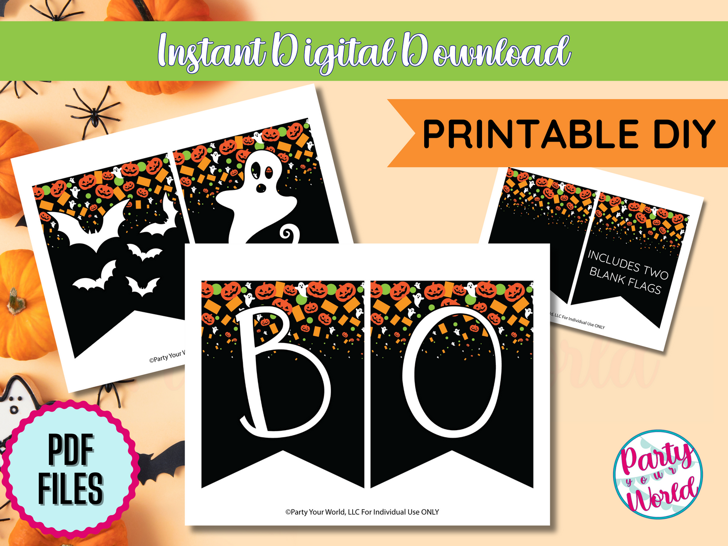 digital halloween banner decorated with Halloween confetti: jack-o-lanterns, ghosts and confetti in orange, white, and green on a black flag