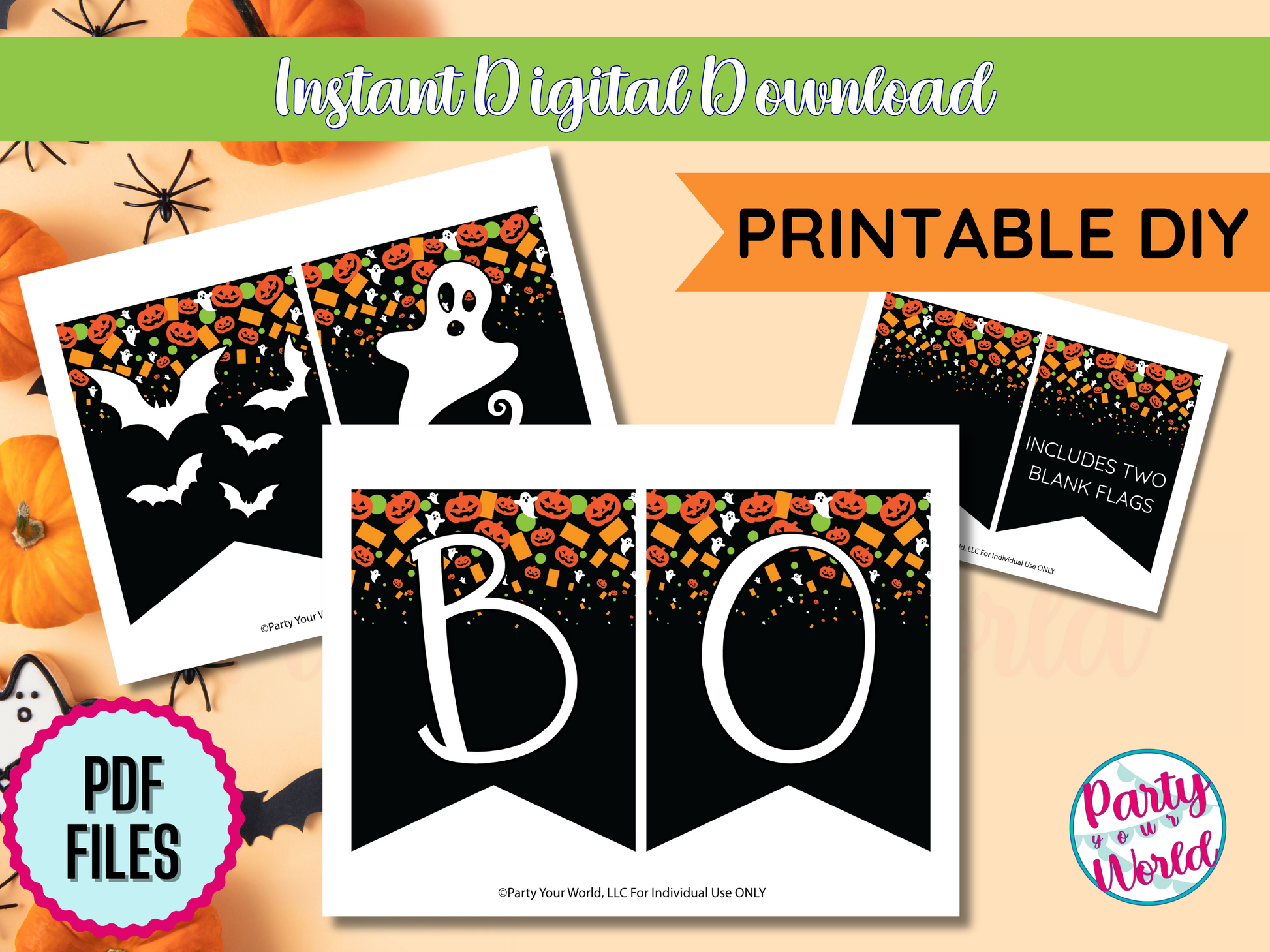 digital halloween banner decorated with Halloween confetti: jack-o-lanterns, ghosts and confetti in orange, white, and green on a black flag