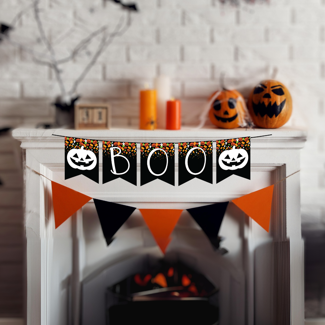 boo banner mockup on fire mantle