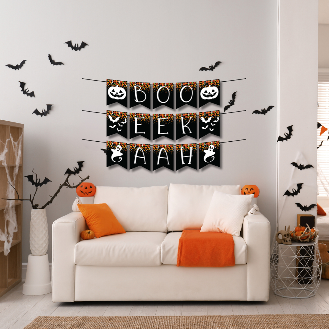 boo eek aah banner mockup on wall above couch