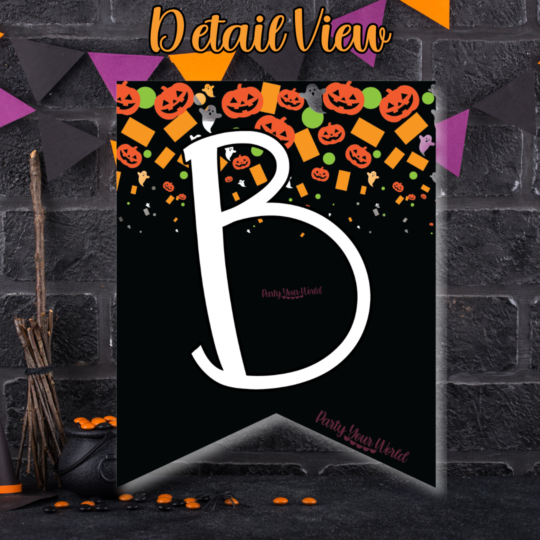 banner flag decorated with Halloween confetti: jack-o-lanterns, ghosts and confetti in orange, white, and green on a black flag
