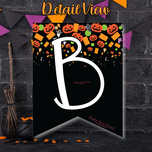 banner flag decorated with Halloween confetti: jack-o-lanterns, ghosts and confetti in orange, white, and green on a black flag